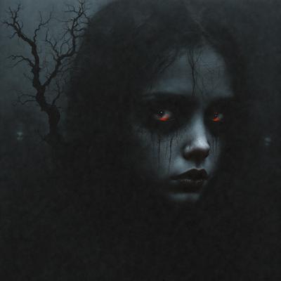 The primary subject of the image is a woman with red eyes, who appears to be a vampire or a demon. She is staring into the camera with a creepy expression. The setting is a dark room with a tree in the background, adding to the eerie atmosphere. The visual style is a black and white photo, which further emphasizes the woman's gothic appearance. The colors and mood of the image are predominantly dark and mysterious, with the woman's red eyes serving as a striking